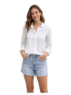 Garnet Hill Organic Pima Cotton Button Down Shirt White Abstract Plaid Size 6